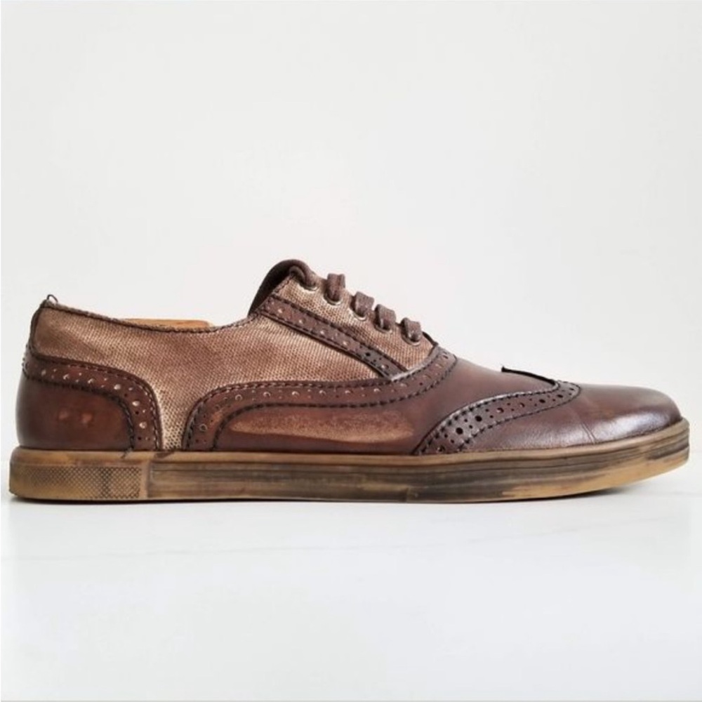 BED|STU Quinn Teak Brown Leather Canvas Distressed Wingtip Oxford Sneaker | 10